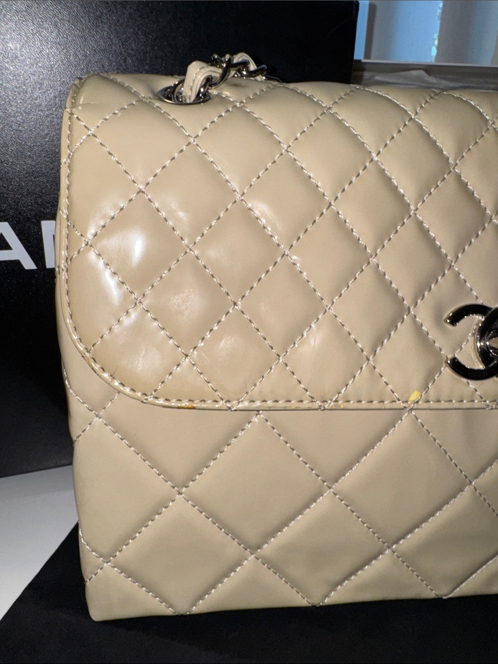 CHANEL Quilted Lambskin Shoulder Bag in Beige with Silver Hardware - Picture 5 of 14